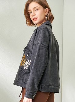 Lapel Embroidered Straight Denim Jacket
