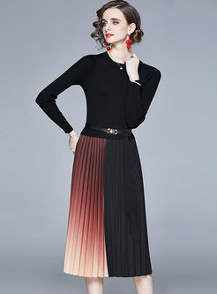 Color-blocked Knitted Patchwork Pleated Dress