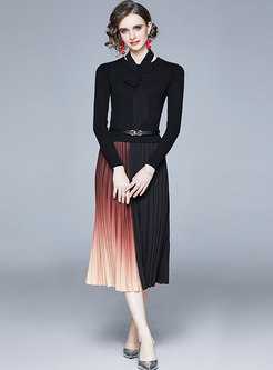 Color-blocked Knitted Patchwork Pleated Dress