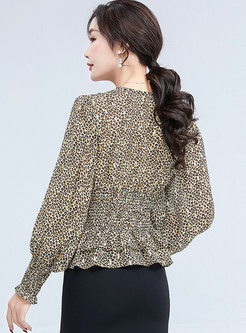 V-neck Leopard Print Chiffon Short Blouse