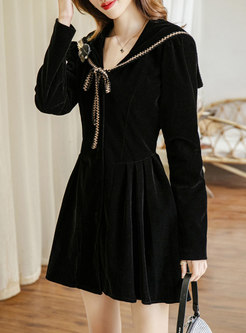 Black Long Sleeve A Line Mini Velvet Dress