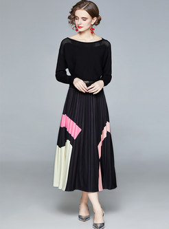 Batwing Sleeve Color-blocked Pleated Maxi Dress