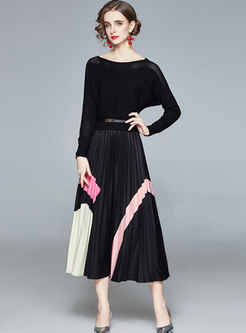 Batwing Sleeve Color-blocked Pleated Maxi Dress