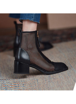 Square Toe Openwork Chunky Heel Ankle Boots