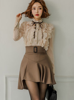Mock Neck Ruffle Blouse & Asymmetric Mini Skirt