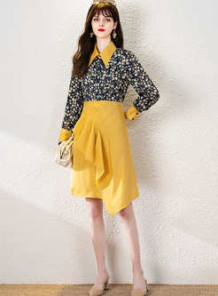 Color-blocked Print Ruffle A Line Skirt Suits