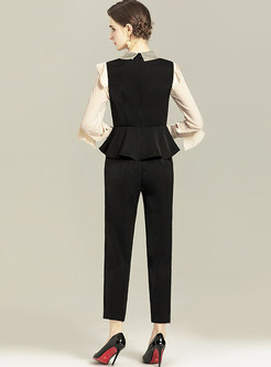 Beaded Ruched Color-blocked Ruffle Pant Suits