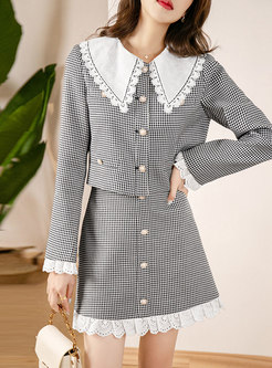 Houndstooth Patchwork A Line Mini Skirt Suits