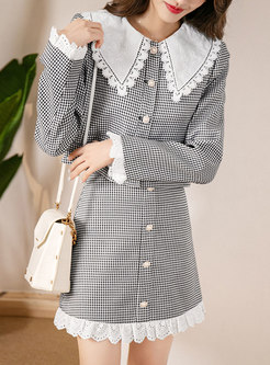 Houndstooth Patchwork A Line Mini Skirt Suits