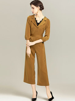 Solid Notched Collar Wide Leg Jumpsuits