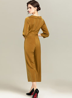 Solid Notched Collar Wide Leg Jumpsuits