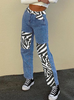 High Waisted Zebra Patchwork Denim Straight Pants