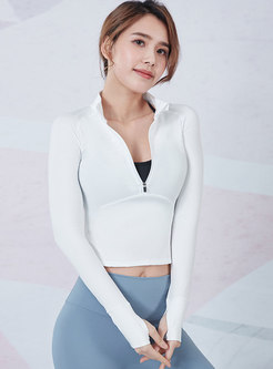 Solid Mock Neck Zipper Front Tight Fitness Top