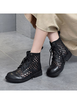 Rounded Toe Openwork Lace-up Ankle Boots