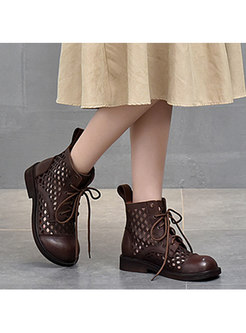 Rounded Toe Openwork Lace-up Ankle Boots