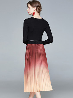 Long Sleeve Color-blocked Pleated Midi Dress