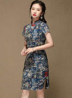Mandarin Collar Short Sleeve Print Cheongsam