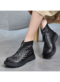 Rounded Toe Zipper Front Openwork Ankle Boots