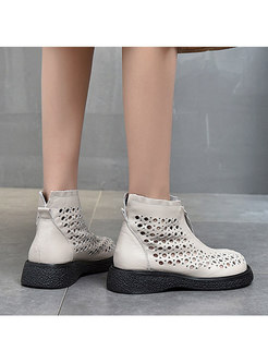 Rounded Toe Zipper Front Openwork Ankle Boots