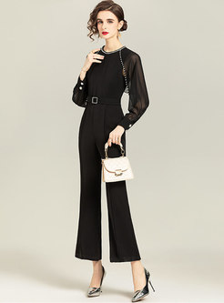 Black Mesh Sleeve Beaded Belted Flare Jumpsuits