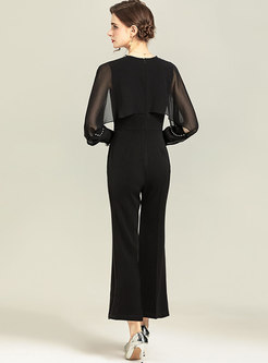 Black Mesh Sleeve Beaded Belted Flare Jumpsuits