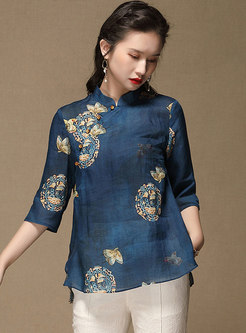 Mandarin Collar 3/4 Sleeve Print Blouse