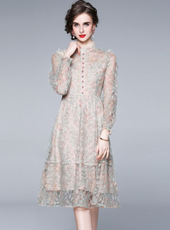 Sweet Transparent Mesh Embroidered Midi Dress