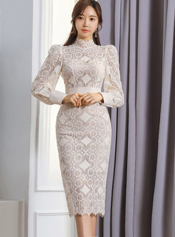 Mock Neck Puff Sleeve Lace Bodycon Dress
