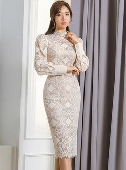 Mock Neck Puff Sleeve Lace Bodycon Dress
