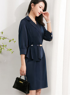 3/4 Sleeve Ruffle Patchwork Belted Office Dress