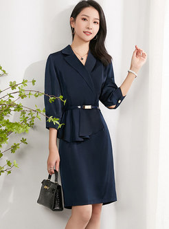 3/4 Sleeve Ruffle Patchwork Belted Office Dress