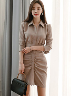 Lapel Long Sleeve Ruched Bodycon Mini Dress