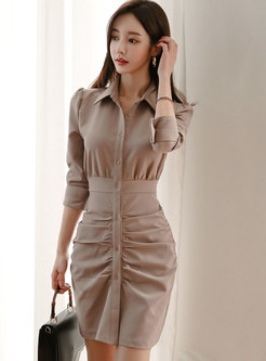 Lapel Long Sleeve Ruched Bodycon Mini Dress