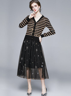 V-neck Stripe Sequin Cardigan & Mesh Long Skirt