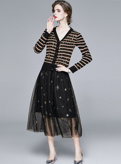 V-neck Stripe Sequin Cardigan & Mesh Long Skirt