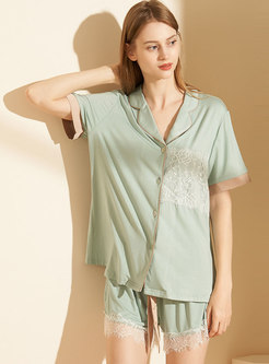 Color-blocked Lace Patchwork Short Sleeve Pajama Set