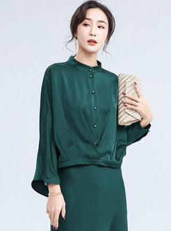 Mock Neck Pullover Solid Asymmetric Blouse