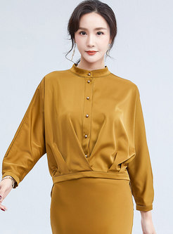 Mock Neck Pullover Solid Asymmetric Blouse