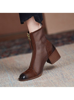 Rounded Toe Patchwork Openwork Chunky Heel Boots