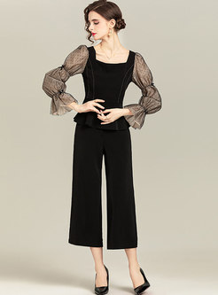 Puff Sleeve Polka Dot Straight Pant Suits