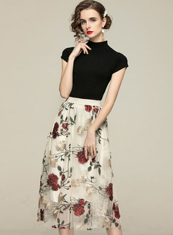 Mock Neck Knit Top & Mesh Embroidered Long Skirt