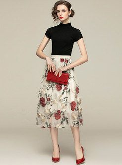 Mock Neck Knit Top & Mesh Embroidered Long Skirt
