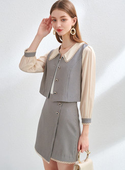 Plaid Patchwork Long Sleeve Mini Skirt Suits