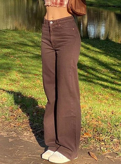 Casual Solid High Waisted Straight Pants