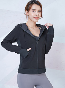Hooded Long Sleeve Fitness Jacket With Thumb Hole 