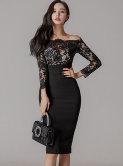 Off-the-shoulder Long Sleeve Lace Midi Dress