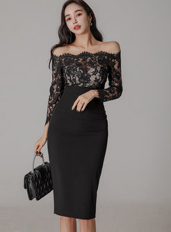 Off-the-shoulder Long Sleeve Lace Midi Dress