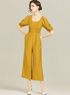 Square Neck High Waisted Ruched Wide Leg Jumpsuits