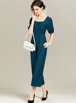 Square Neck High Waisted Ruched Wide Leg Jumpsuits