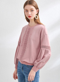 Casual Lace Beaded Patchwork Pullover Sweatshirt